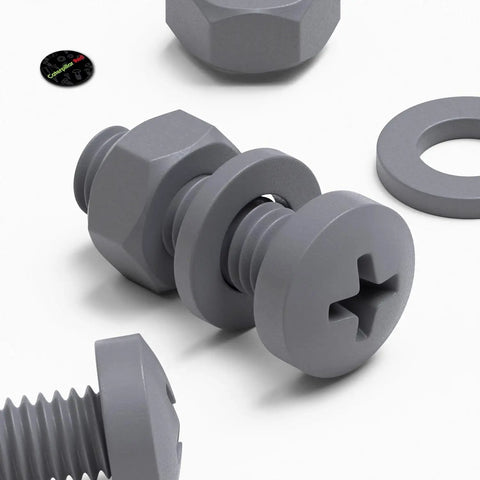 Top Shelf M6 X 20 Millimeter Polypropylene Cross Pan Head Bolts Kit with corrosion resistant nuts and washers in dark gray.