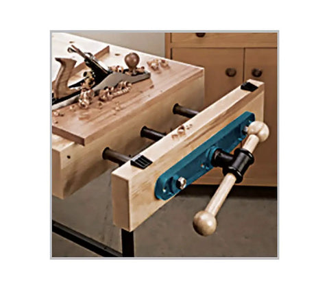 Woodworking Front Vise For Build Your Own DIY Workbench, 7 1/8 Inch Jaw Width, mounted on wooden workbench