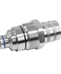 Front view of a hydraulic female flat face quick connect coupler 48mm thread diameter for Bobcat and John Deere skid steer loaders.