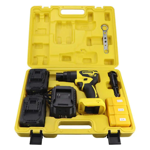 Hifeson 21V Cordless Electric Rivet Gun And Rivet Nut Tool Professional Kit With Batteries And Charger For Auto Body Work Fastener Repair 3/16 Inch To 3/8 Inch Automatic Setting in yellow case with battery and charger.