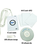 ACR122U NFC Card Reader Writer USB with SDK for ISO 14443 Mifare and FeliCa Cards CCID Compliant set with CD, USB stick, and cards.