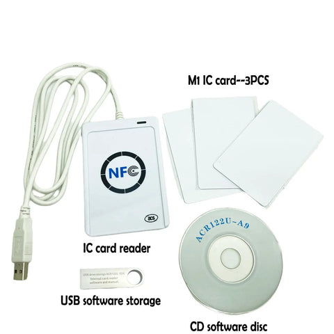 ACR122U NFC Card Reader Writer USB with SDK for ISO 14443 Mifare and FeliCa Cards CCID Compliant set with CD, USB stick, and cards.