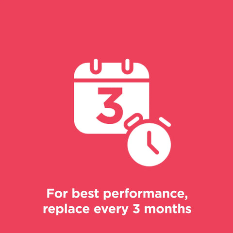 Calendar and clock icon with text 'For best performance, replace every 3 months' on red background.