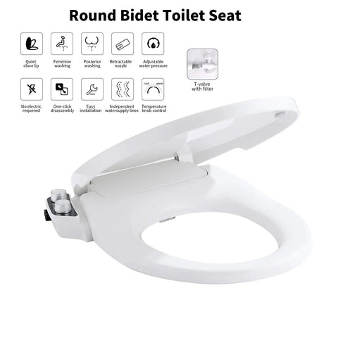 Dual Nozzle Manual Bidet Seat For Round Toilets, Non Electric, Self Cleaning Nozzles, Fits O Shape Seats, Durable PP
