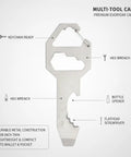 Ultra Slim Metal Multi-Tool Card With Bottle Opener And Hex Wrench For Wallet Or Keychain, labeled features, durable stainless steel
