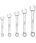 Five chrome plated wrenches from 158 Piece General Purpose Tool Set For Home And Auto Repair With Durable Plastic Toolbox Storage Case And Heavy Duty Chrome Plated Hand Tools Includes Wide Range Of Sockets Pliers Wrenches Screwdrivers And More