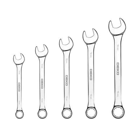 Five chrome plated wrenches from 158 Piece General Purpose Tool Set For Home And Auto Repair With Durable Plastic Toolbox Storage Case And Heavy Duty Chrome Plated Hand Tools Includes Wide Range Of Sockets Pliers Wrenches Screwdrivers And More