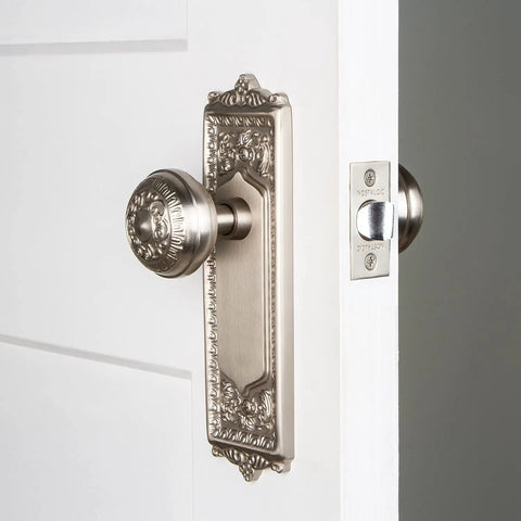 Egg And Dart Door Knob With Plate For Large Doors Vintage Style Interior Hardware satin nickel finish on white door