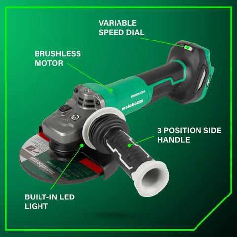 Cordless Brushless 6 Inch Angle Grinder With Variable Speed Paddle Switch, 36V Power Tool, showing built-in LED and side handle.