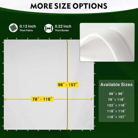 Size options for Golf Impact Screen With Upgraded Grommet Slings For Training, 3D Air Mesh Golf Simulator Screen, showing dimensions.