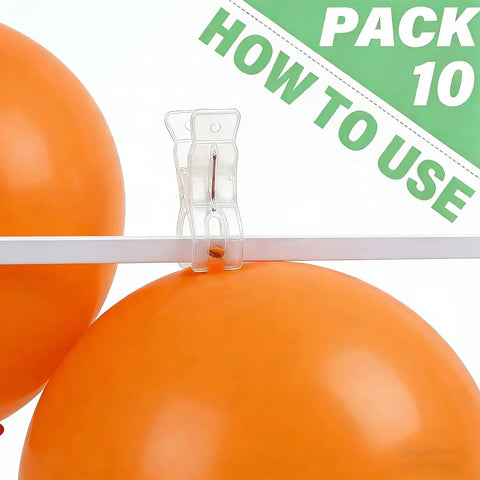 Premium Ten Pack Of Heavy Duty Spring Clips Measuring 3.5 Inches Featuring Transparent Plastic Build holding orange balloons on a white strip.