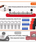 Battle Ready Heavy Duty 12V Bus Bar And Ground Power Distribution Block 250A Marine Terminal Kit with accessories and secure cover.