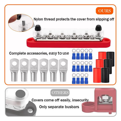 Battle Ready Heavy Duty 12V Bus Bar And Ground Power Distribution Block 250A Marine Terminal Kit with accessories and secure cover.