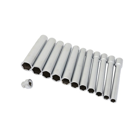 Deep 120mm Metric Socket Set Eleven Piece With Three Eighths Inch Drive Long Reach Sockets From Eight To Eighteen Millimeter, laid out in a row.