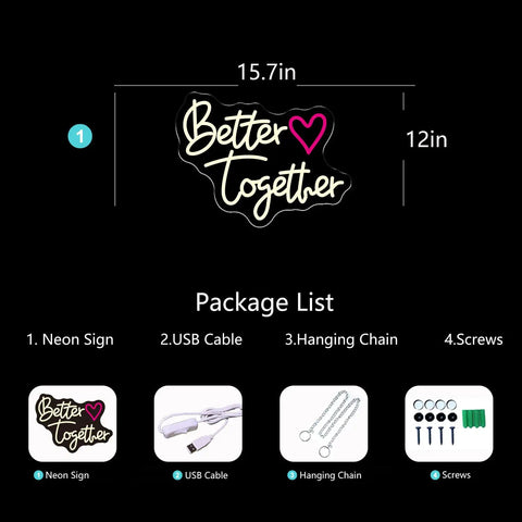 Neon Sign For Wedding Wall Decor LED Light Sign USB Operated Aesthetic Room Decor For Bedroom And Home Office Vibe Lit Gift For Anniversary Valentines Day Women With Romantic Glow And Premium Ambient Lighting Accent Wall Art, "Better Together" sign, 15.7x12 inches with accessories.