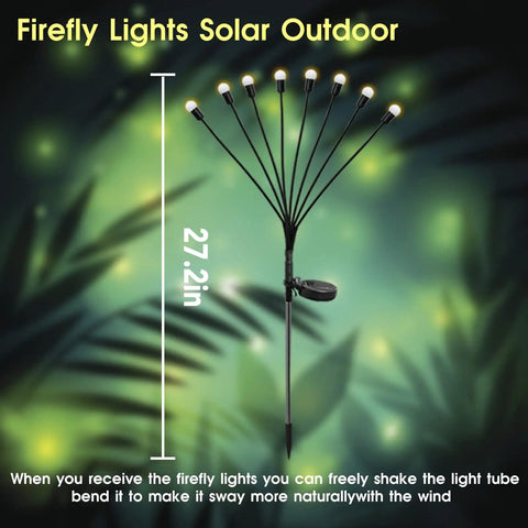 Solar Garden Lights Firefly String Set With Flexible Iron Wire, 8 LED Per Light, Wind Swaying Warm White Outdoor Pathway Lights For Yard Decor, High Efficiency Solar Panels, Weather Resistant, 2 Pack