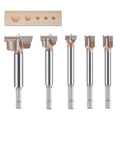 Elite Five Piece Forstner Drill Bit Set Featuring Gutsy Tungsten Carbide Tips and Heavy Duty Hex Shafts for no sweat woodworking.
