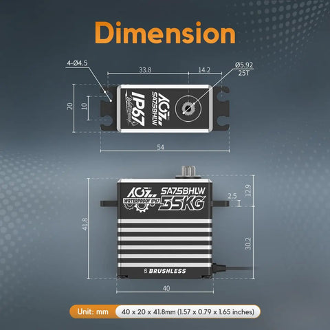Dimensions of Beefy 55Kg Waterproof Brushless RC Servo Motor For 1 By 10 And 1 By 8 Scale Rigs, showing IP67 rating