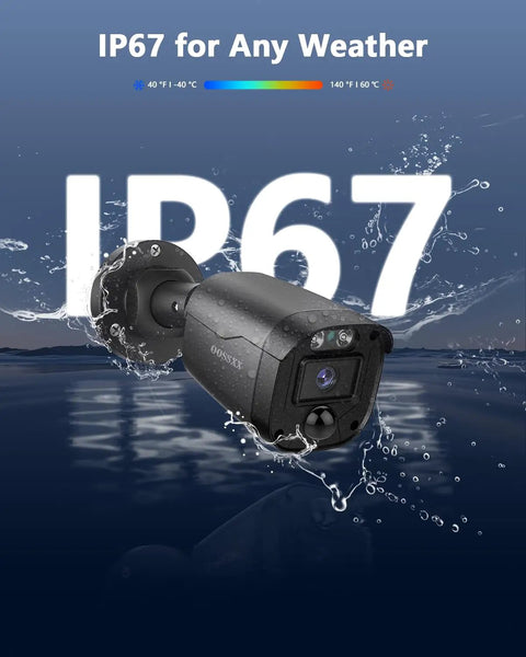 5MP Wired CCTV Camera System With 122 Degree Wide Angle 4 Channel DVR Kit With Monitor IP66 Indoor Outdoor Cameras showcasing IP67 weatherproof design
