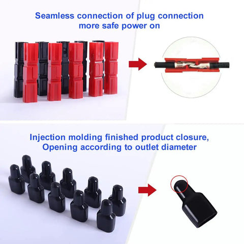 45A Quick Connect Battery Connector Kit For Modular Power Wiring And Quick Disconnects 10 Pair Set Compatible With AWG 10 12 14 600V Rated Heavy Duty High Current Battery Terminals For Auto Marine Solar DIY Projects. Red and black battery connectors, silver copper contacts