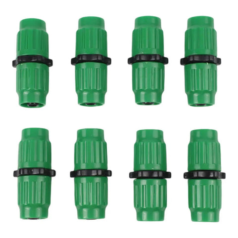 Fix Your Leaky Hoses Like A Pro With This Awesome Expandable Garden Hose Repair Kit For 5/8 And 3/4 Inch Sizes That Lets You Quick Fix Any Damaged Sections Fast Without Calling A Plumber Today. Green plastic hose repair connectors with black rings, eight pieces.