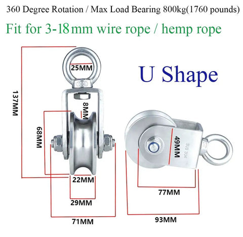 Heavy Duty Single Wheel Swivel Pulley Block Built Tough With 304 Stainless Steel 360 Degree Rotation And 800 Kg Load Capacity For Material Handling And Moving Lifting, U shape, 68mm wheel