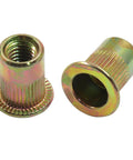 M6 Carbon Steel Rivet Nuts Kit With 100 Pieces Gold Finish Threaded Nutserts SAE Rivnut Inserts showing knurled gold body.