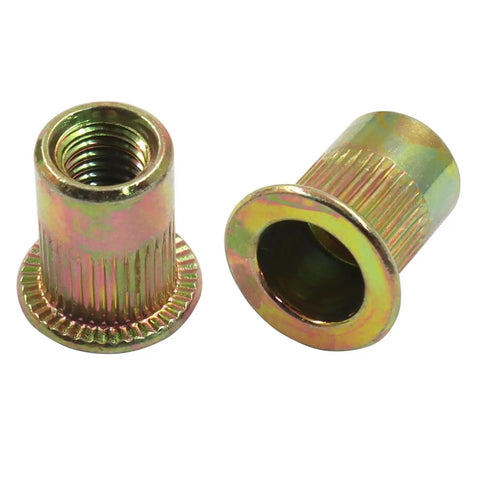 M6 Carbon Steel Rivet Nuts Kit With 100 Pieces Gold Finish Threaded Nutserts SAE Rivnut Inserts showing knurled gold body.