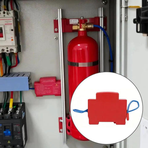 Hassle Free Plug And Play Automatic Fire Suppression System Heavy Duty Aerosol Extinguisher For Electrical Cabinets And Battery Boxes Instant 170 Degree Trigger Dual Nozzles Din Rail Mount 40 Gram Cartridge