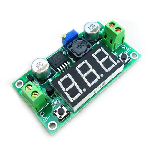 LM2596 Adjustable DC-DC Buck Converter Module With LED Voltmeter Display, multiple components visible on green board