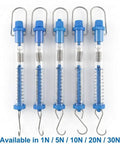Tubular Spring Scale Set With 1N To 30N Range Dual Newton And Gram Readouts For Your Go To Physics Lab And Classroom Use Includes 1N 5N 10N 20N And 30N Scales Easy Zero Adjustment With Top Nut, five clear scales with blue components