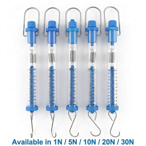 Tubular Spring Scale Set With 1N To 30N Range Dual Newton And Gram Readouts For Your Go To Physics Lab And Classroom Use Includes 1N 5N 10N 20N And 30N Scales Easy Zero Adjustment With Top Nut, five clear scales with blue components
