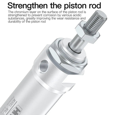 Close-up of the Dope Compact MAL Mini Pneumatic Cylinder with Magnetic Stop showing piston rod with corrosion-resistant coating.