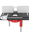 Hardcore Aluminum Router Lift Rig With Stainless Steel Plate For Pro Woodworking Bench Mounts, black and red benchtop router setup.