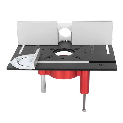 Hardcore Aluminum Router Lift Rig With Stainless Steel Plate For Pro Woodworking Bench Mounts, black and red benchtop router setup.