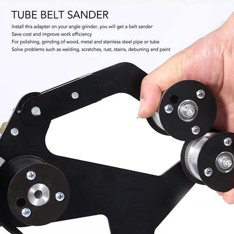 Heavy Duty Belt Sander Adapter For Angle Grinder Tough As Nails Stainless Steel Quick Release Sanding Belt Attachment Polish Wood And Metal Tubes Smooth Like Butter Straight To 10mm For Pro Rigs, showing detailed hand grip.