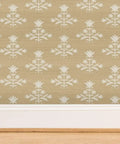 Heavy Duty Pvc Free Wallpaper With Matte Linen Texture Block Print Design in soft beige with floral pattern, ideal for kitchens and bathrooms.