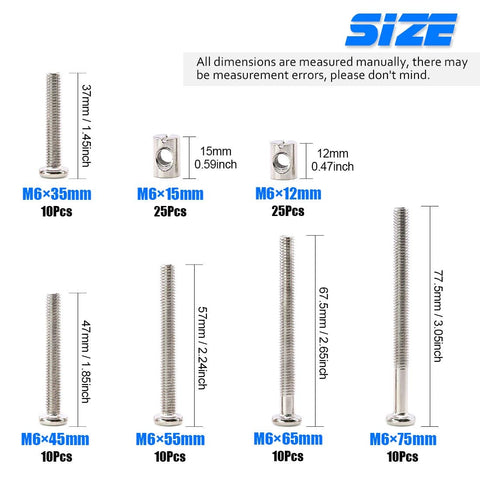 100Pcs M6 Hex Drive Socket Cap Barrel Screws And Nuts Kit With 5 Lengths 35mm 45mm 55mm 65mm 75mm Size Chart