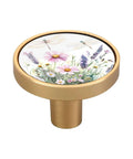 Gold Drawer Knobs Set Of 4 With Watercolor Wildflowers showcasing round high-gloss acrylic face and detailed floral design.
