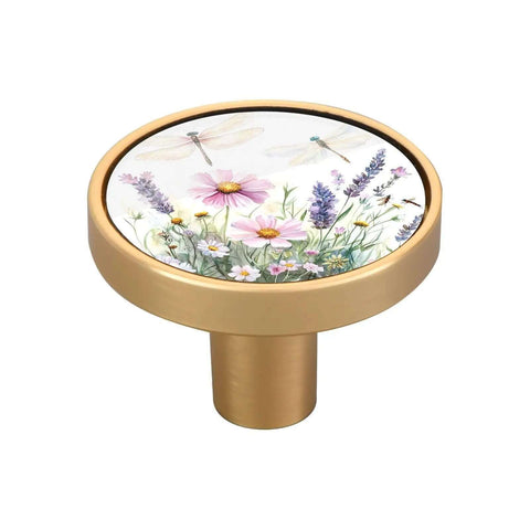 Gold Drawer Knobs Set Of 4 With Watercolor Wildflowers showcasing round high-gloss acrylic face and detailed floral design.