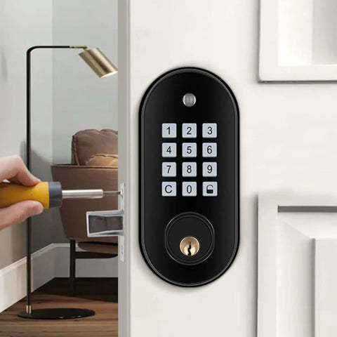 Lockdown Secure Electronic Keypad Self Locking Deadbolt Keyless Entry Door Lock Featuring Anti Peep Virtual Password Code No Keys Hassle Free Setup For Front Door Home Office Black Matte Finish installation in progress, with screwdriver.