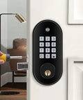 Top Shelf Keyless Entry Door Lock Electronic Keypad Deadbolt For Wooden Doors With Backlit Password Code And Backup Keys installed on a door.