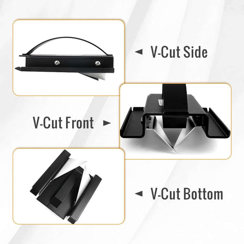 1 Inch V Groove Duct Board Cutter for HVAC Pros showing V-Cut side, front, and bottom with heavy duty steel sled frame.