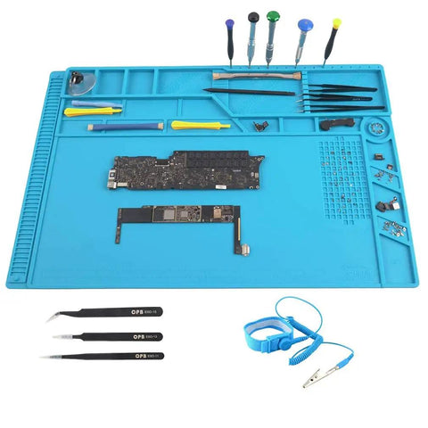 Must-Have All In One Silicone Soldering Mat Kit With Heat Resistant Magnetic Work Surface, tools and components displayed