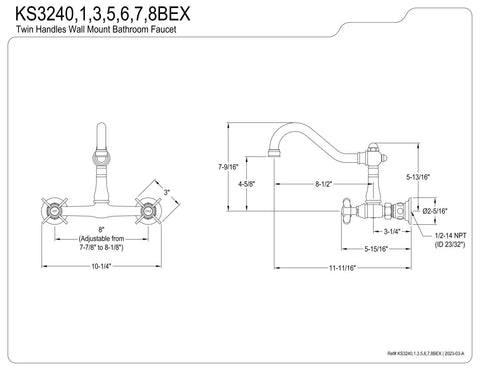 Technical drawing of 8 Inch Center Wall Mount Bathroom Faucet Polished Chrome with Cross Handles, dimensions and specifications.