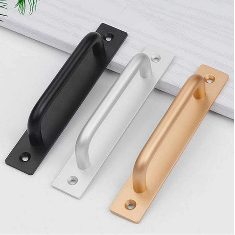 Aluminium Alloy Heavy Duty Barn Door Handles Flush Mount Long Base Pulls Set Of 4 in black, silver, and gold colors.