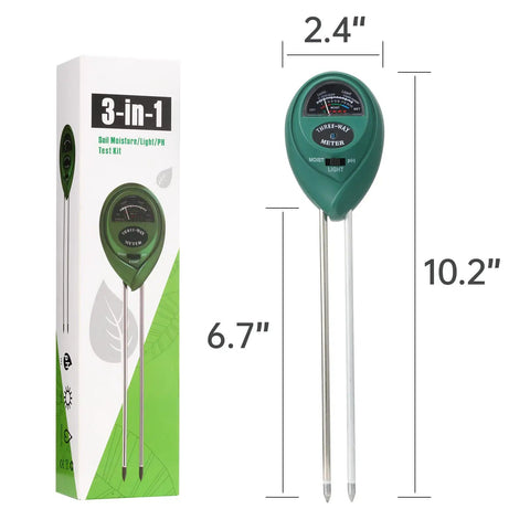 Two Pack 3 In 1 Soil Tester Tool For Moisture Light And PH, Plant Water Monitor And Hygrometer Sensor, dimensions shown, black and green