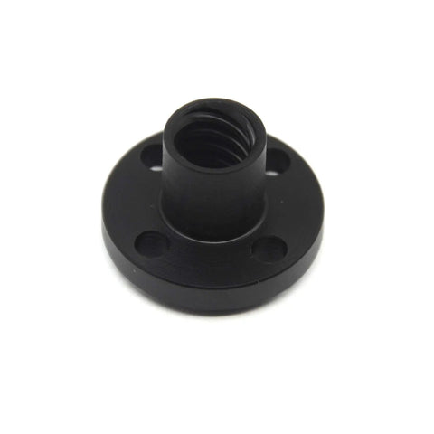 Front view of Six Pack 8mm Black TR8x8 Lead Screw Nut for CNC Machines and 3D Printers, POM material with 8mm lead and 2mm pitch.