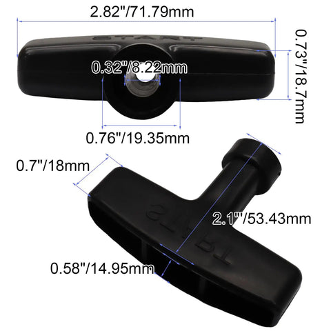 2 Pack Cord Handle Set For Honda GX Engines Recoil Starter Grips with dimensions and durable plastic construction.