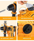 Close-up views of the Beast Of A 900W Rotary Hammer Drill With 26mm Concrete Capacity showcasing chuck, grease port, handle, and mode selector.